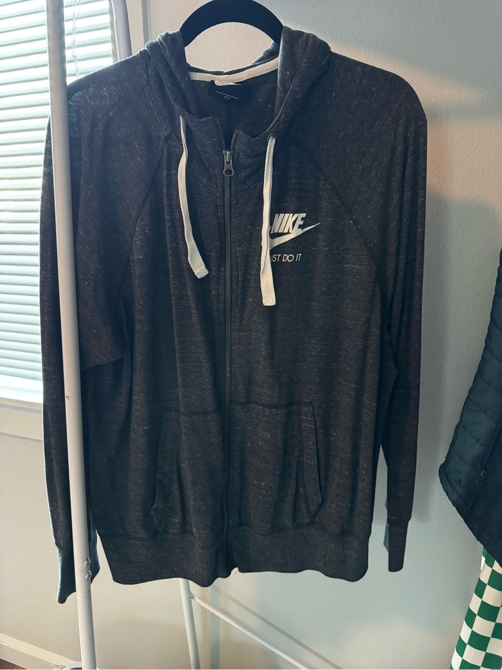Nike women's Dark Heather Black Zip Hoodie with White Drawstrings